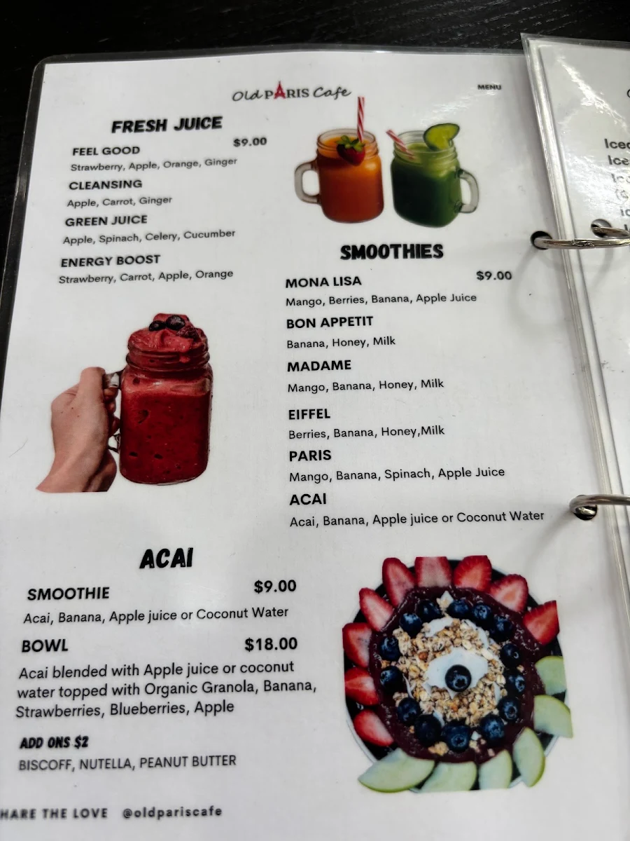 Menu, Old Paris Cafe