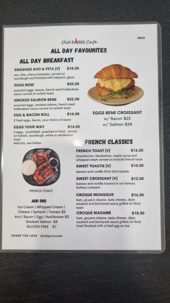 Menu, Old Paris Cafe