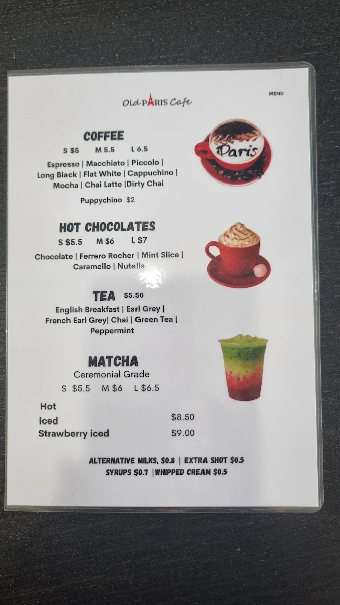 Menu, Old Paris Cafe