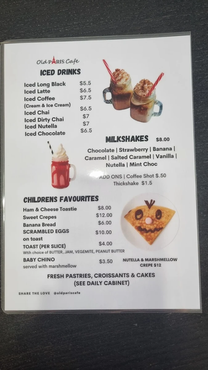 Menu, Old Paris Cafe