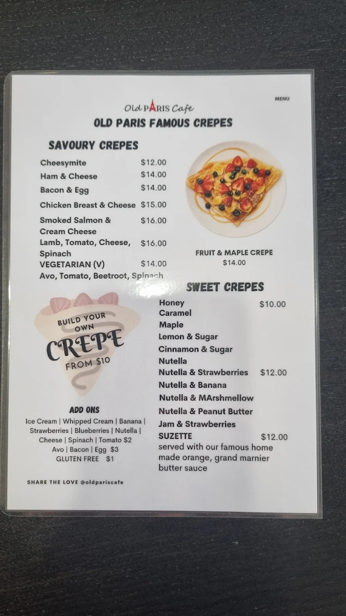Menu, Old Paris Cafe