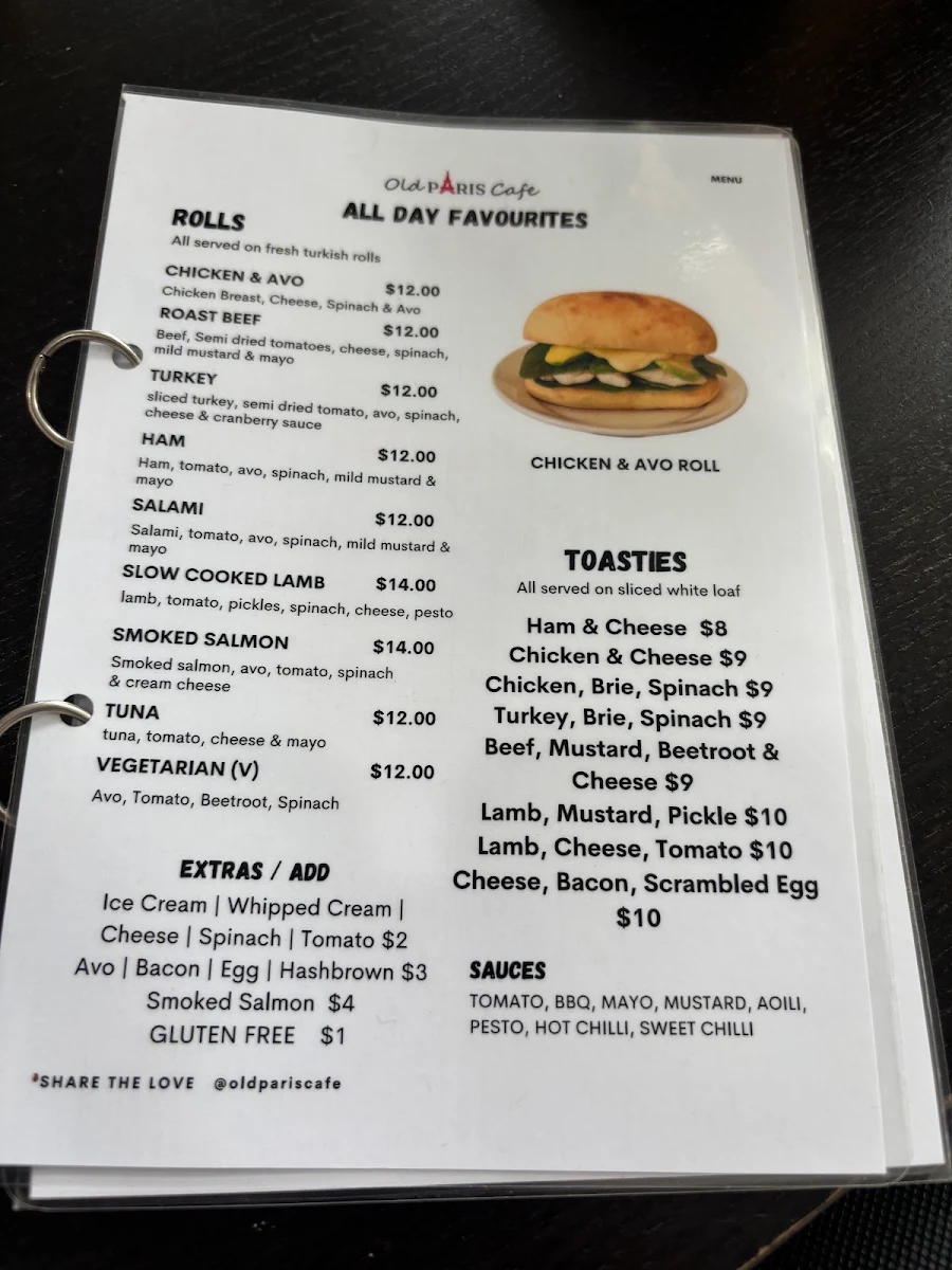 Menu, Old Paris Cafe