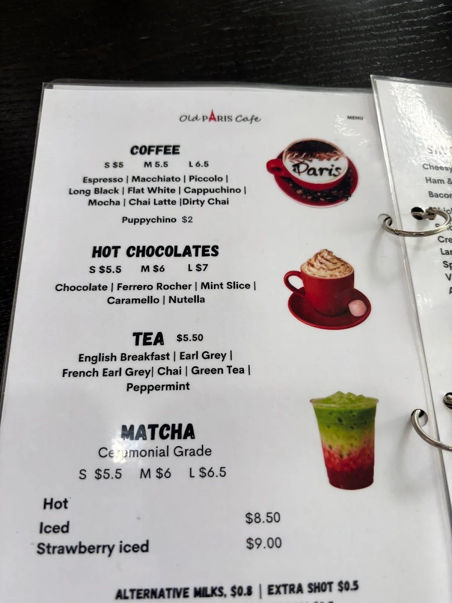 Menu, Old Paris Cafe
