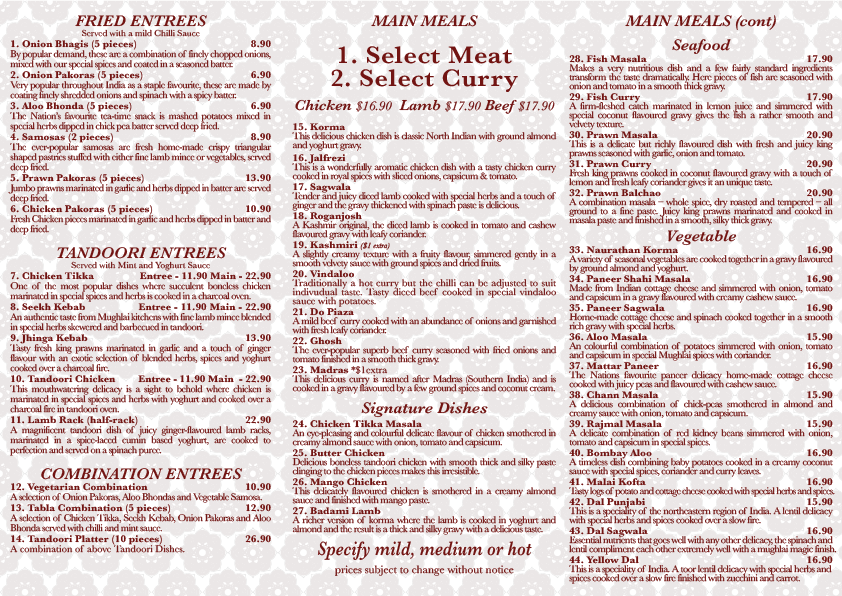 Menu, Tabla Indian Cuisine