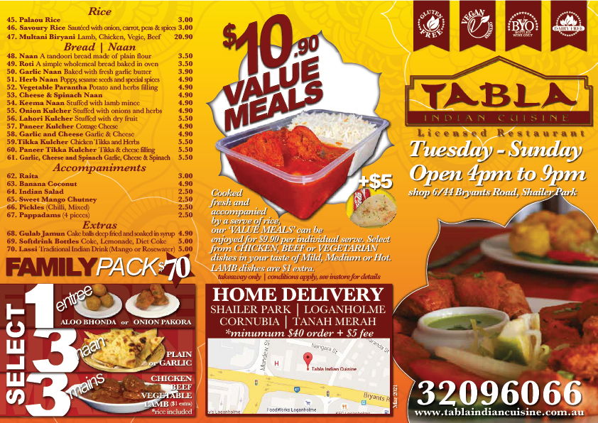 Menu, Tabla Indian Cuisine