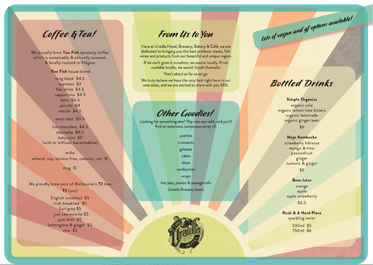 Menu, Uraidla Republic Cafe, Bakery & Brewery