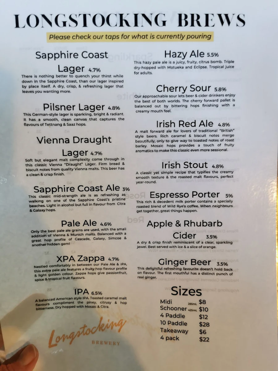 Menu, Longstocking Brewery