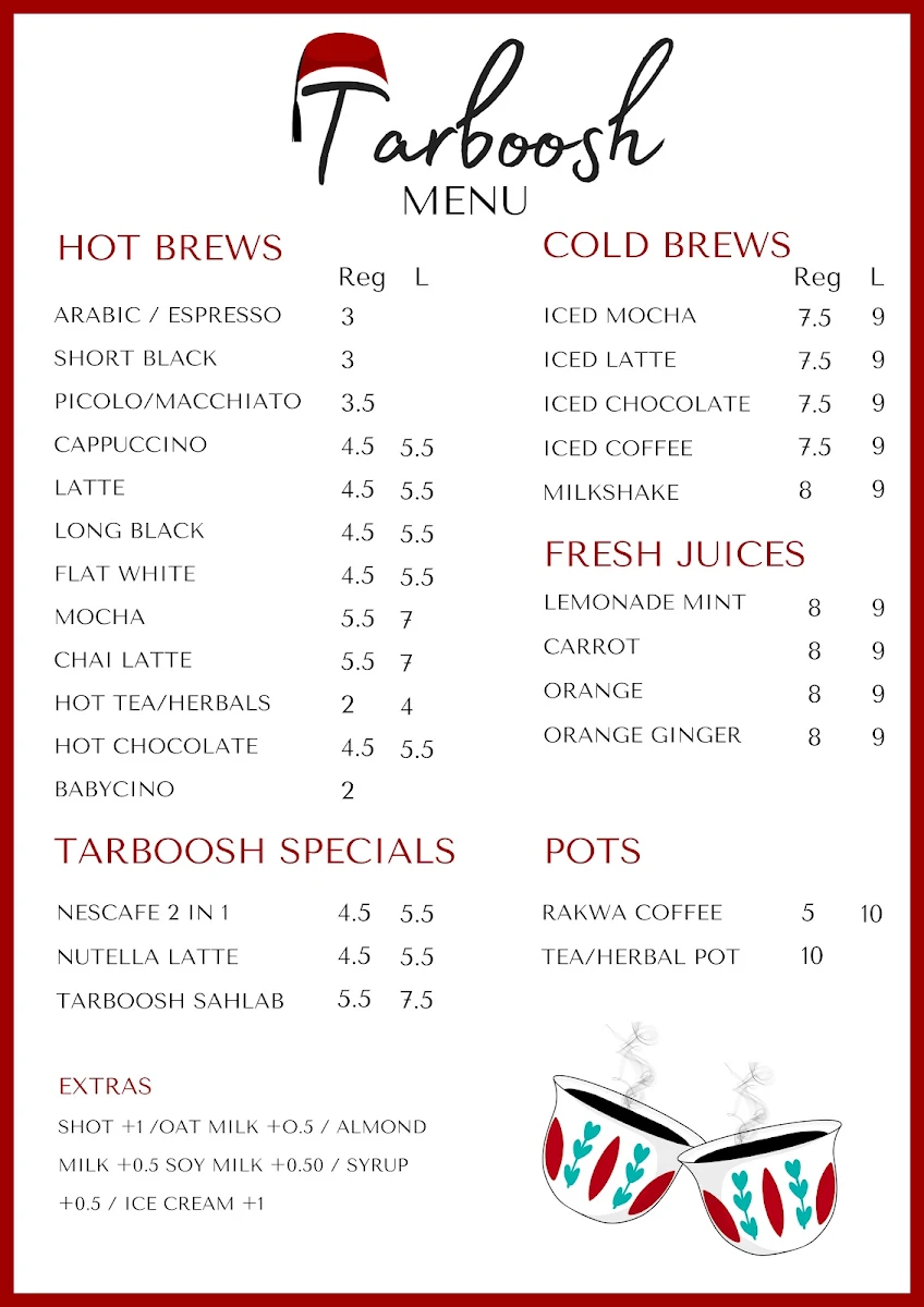 Menu, Tarboosh Café