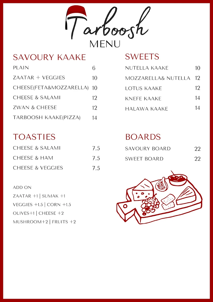 Menu, Tarboosh Café