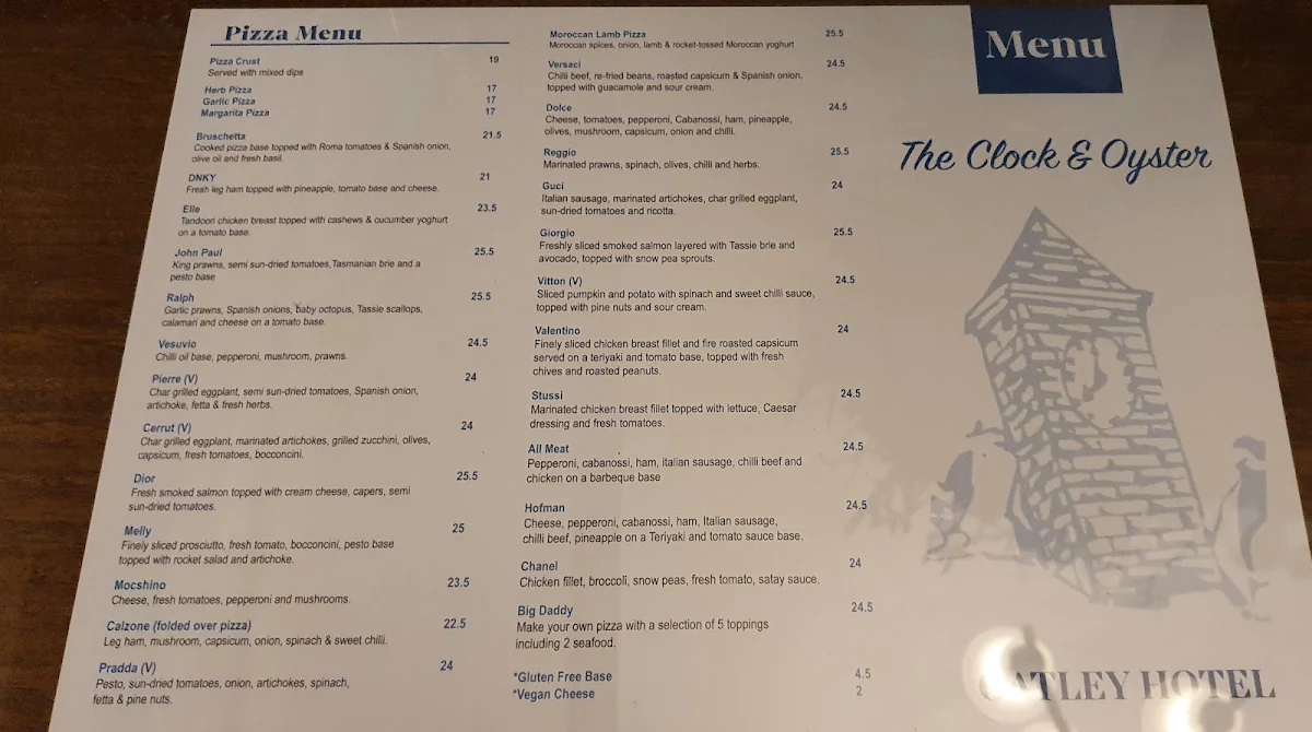 Menu, Oatley Hotel