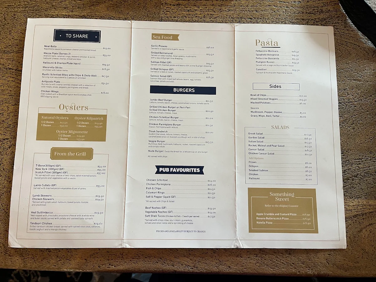 Menu, Oatley Hotel