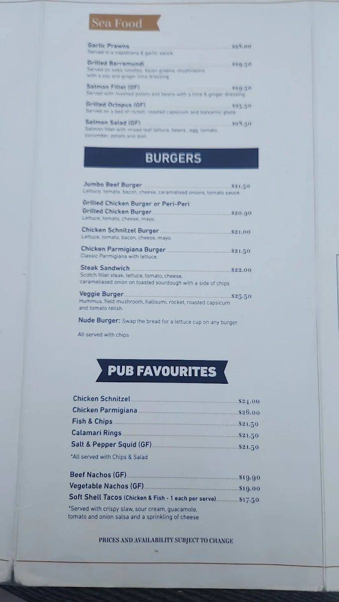 Menu, Oatley Hotel