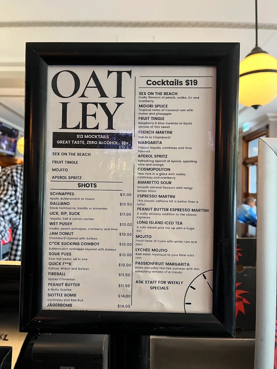 Menu, Oatley Hotel