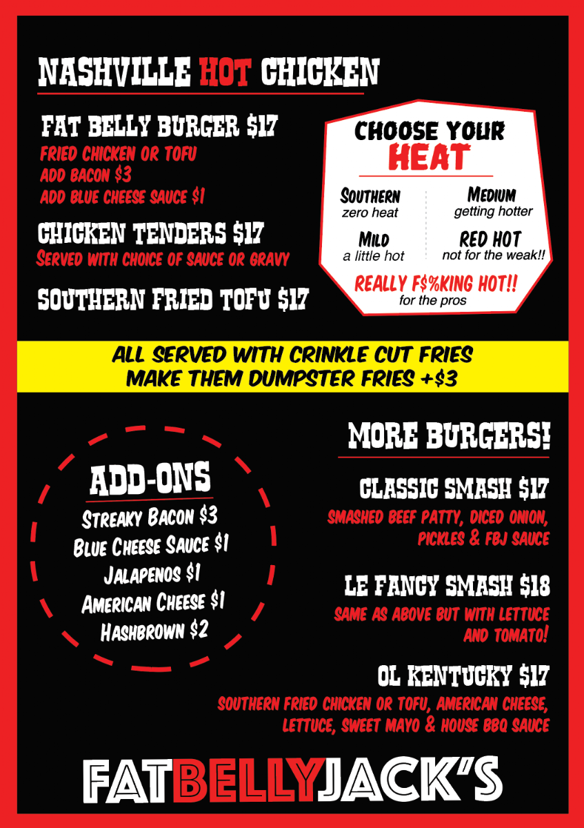 Menu, Fat Belly Jack's Newtown
