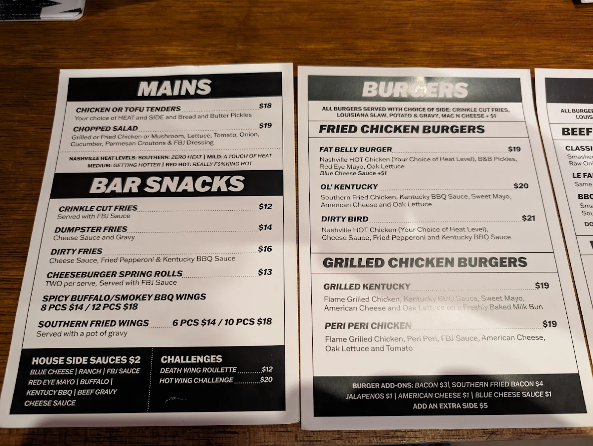 Menu, Fat Belly Jack's Newtown