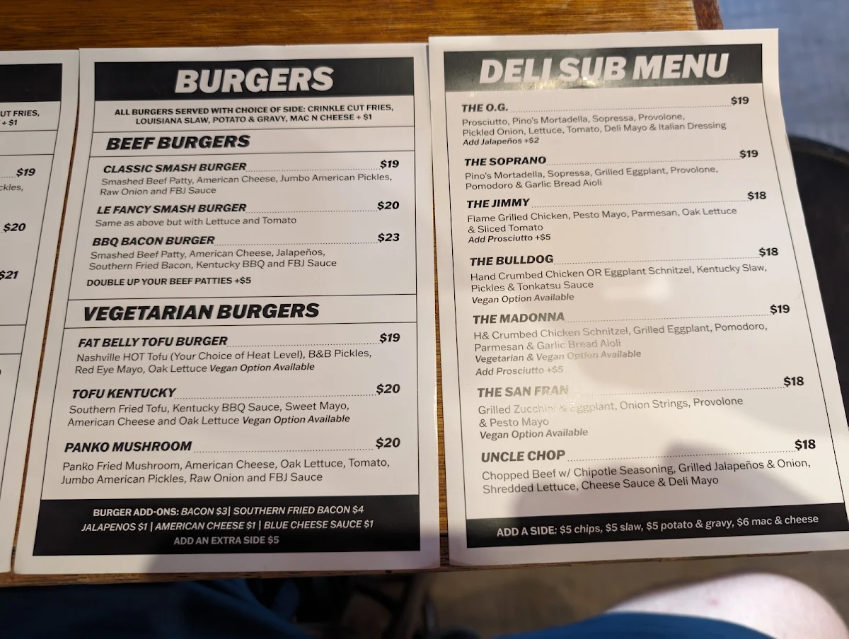 Menu, Fat Belly Jack's Newtown