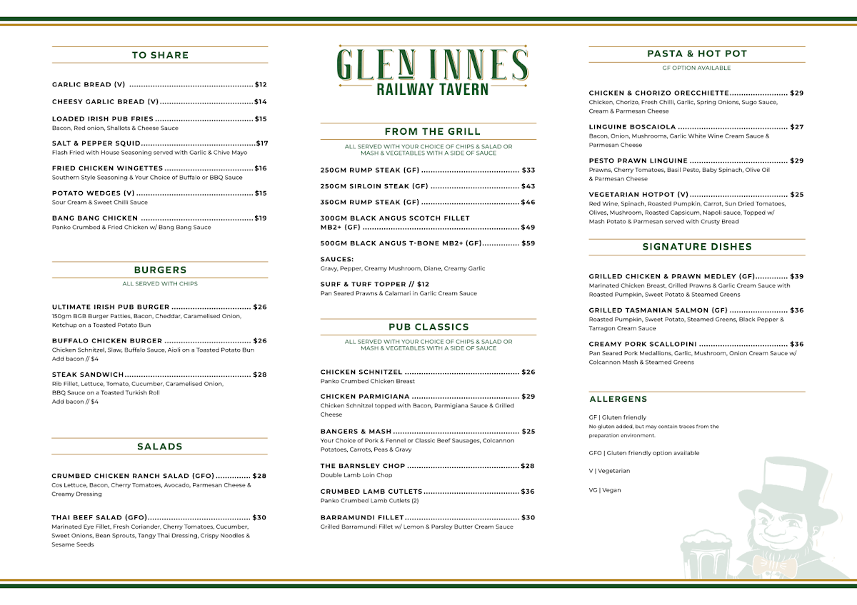 Menu, Railway Tavern