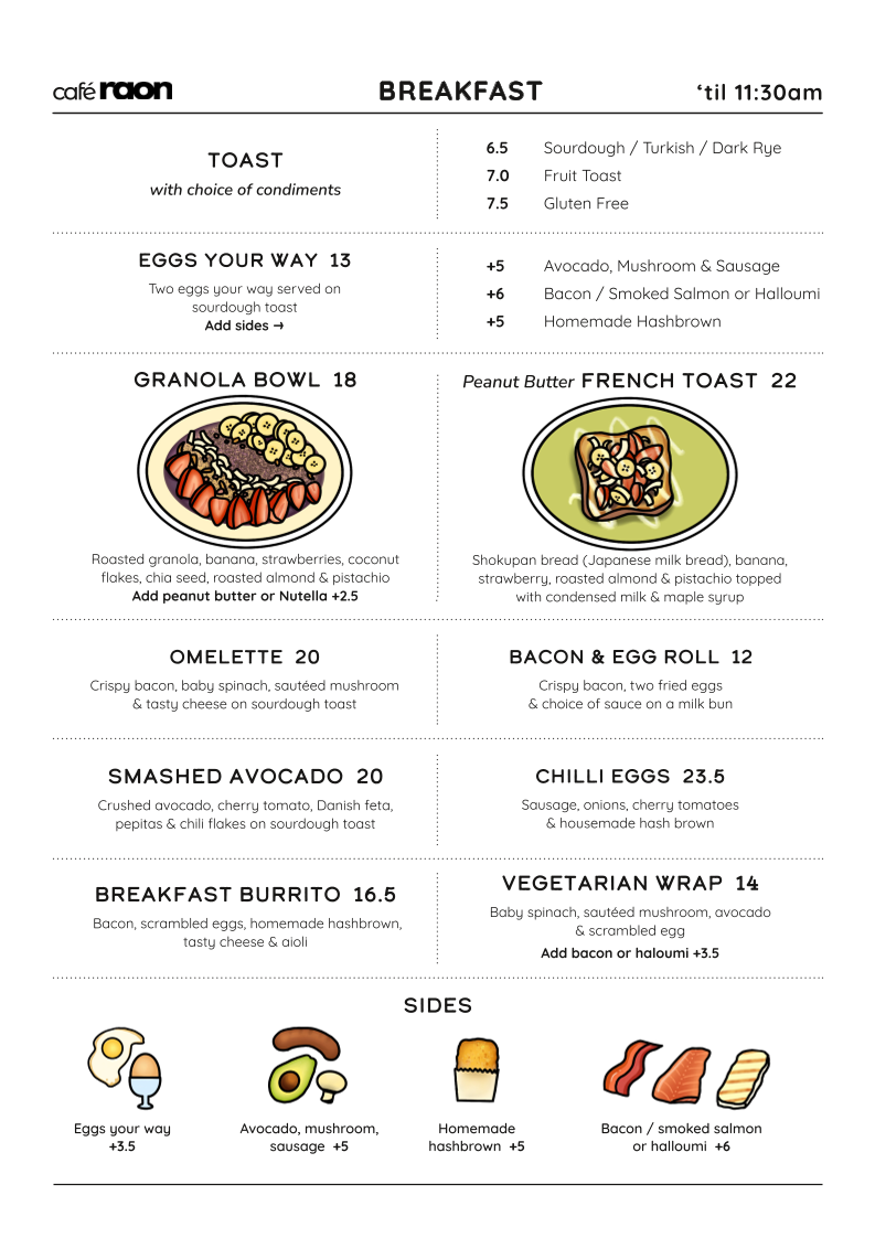 Menu, Cafe Raon