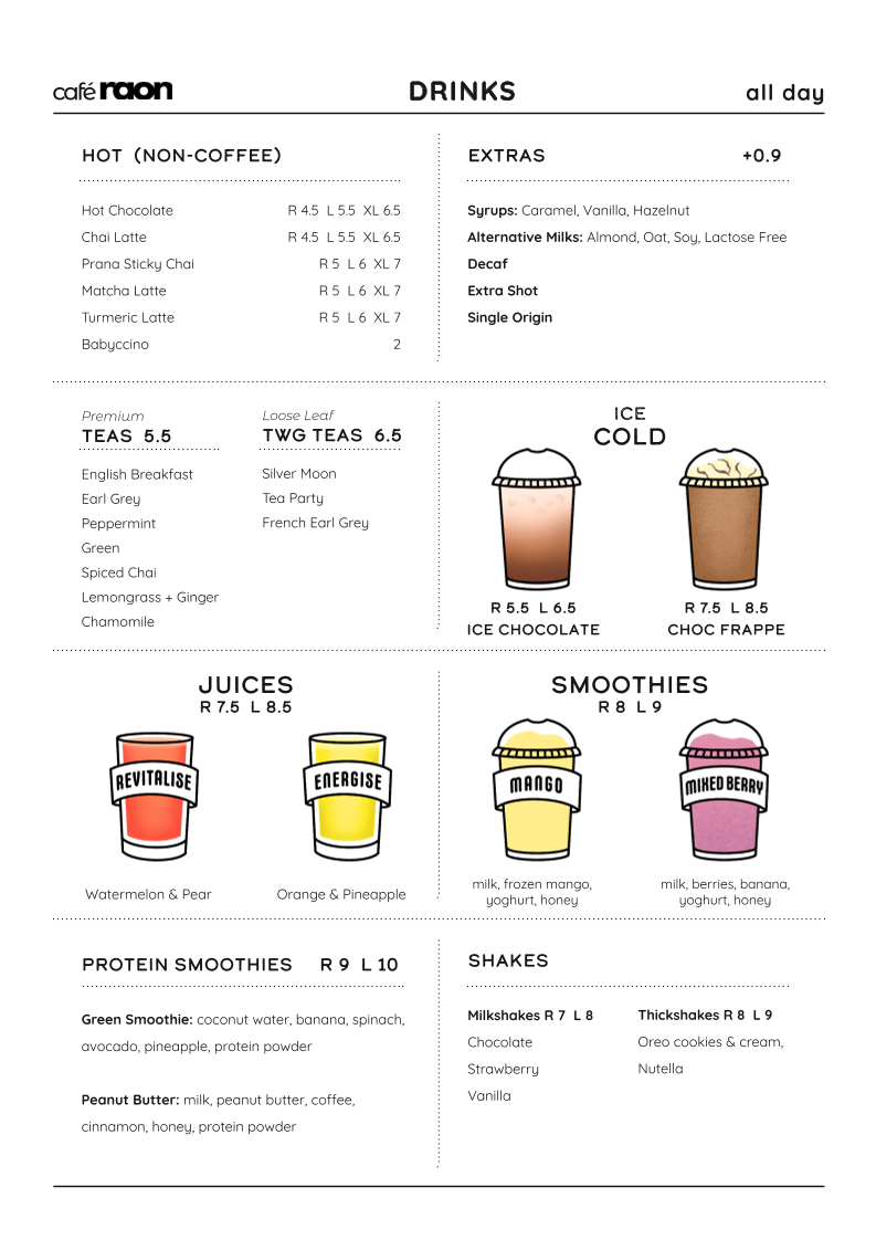 Menu, Cafe Raon