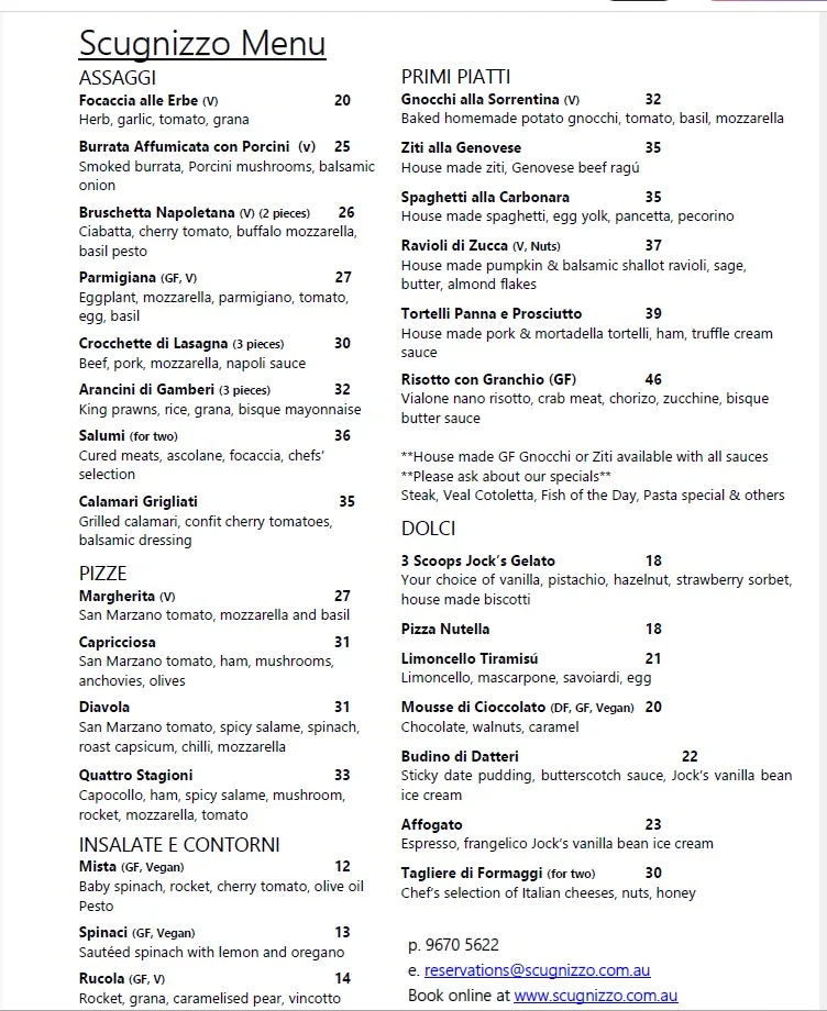 Menu, Scugnizzo Ristorante