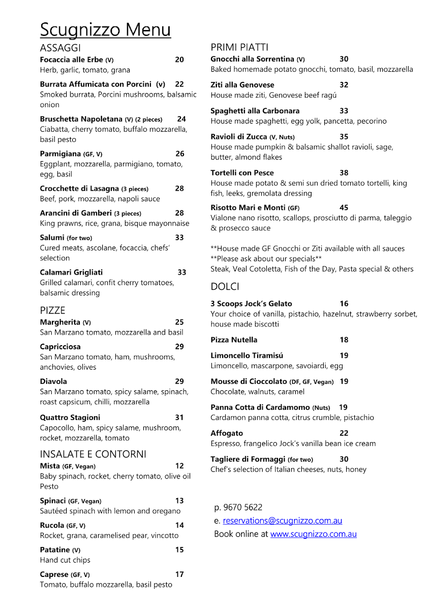 Menu, Scugnizzo Ristorante