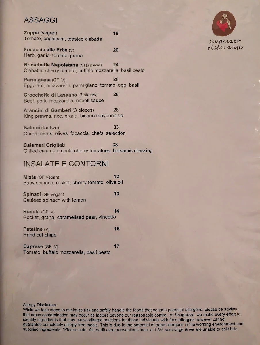 Menu, Scugnizzo Ristorante