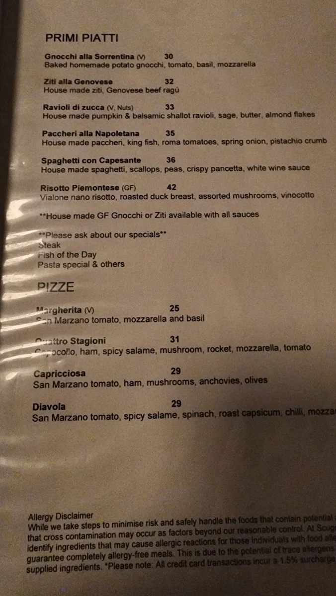 Menu, Scugnizzo Ristorante