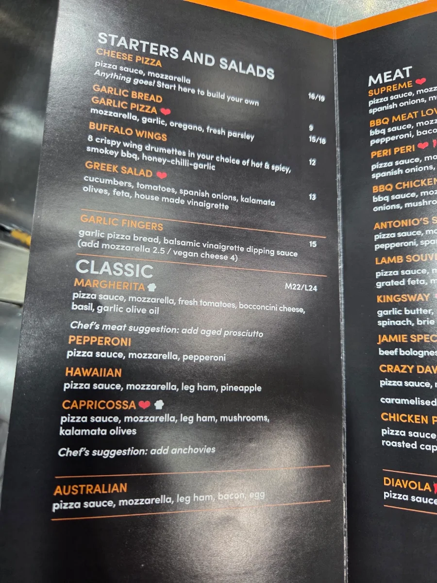 Menu, Antonio's Pizzeria