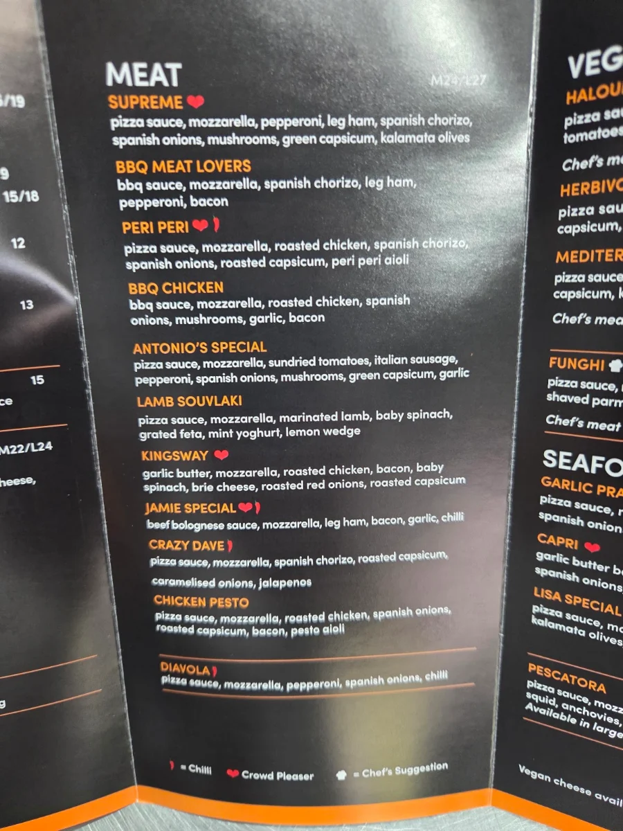 Menu, Antonio's Pizzeria
