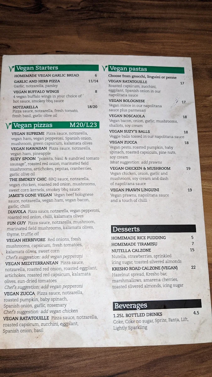 Menu, Antonio's Pizzeria