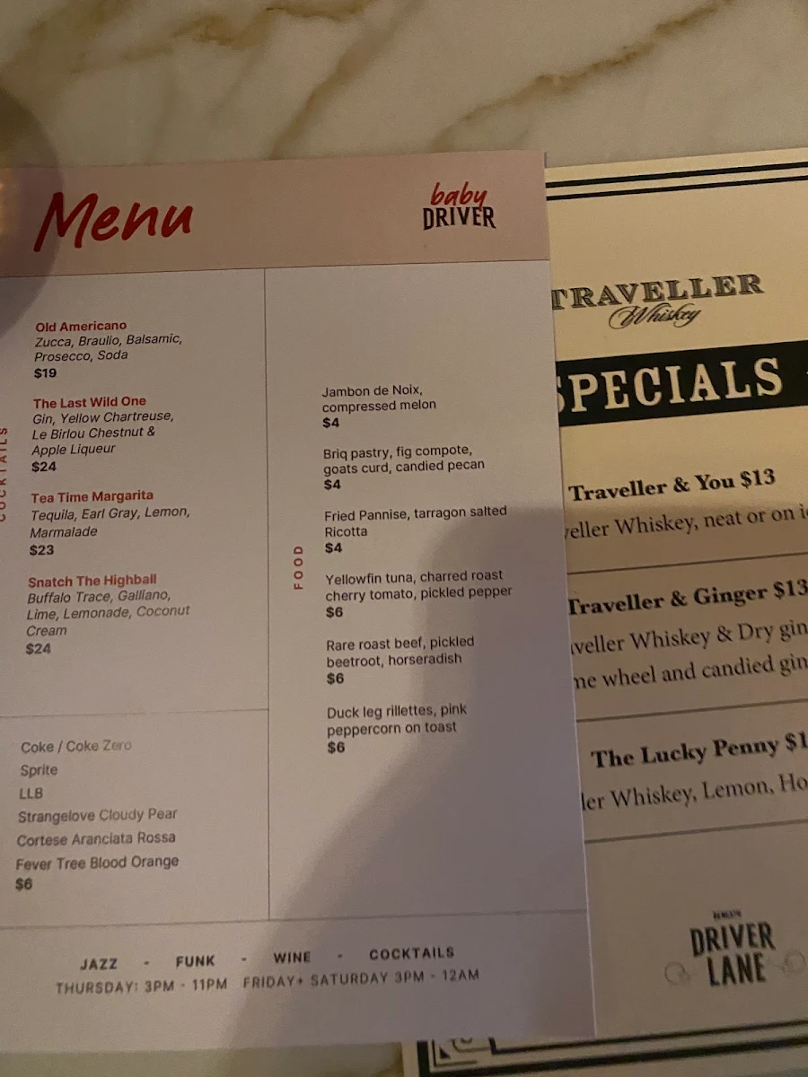 Menu, Baby Driver – Vinyl Funk & Soul bar