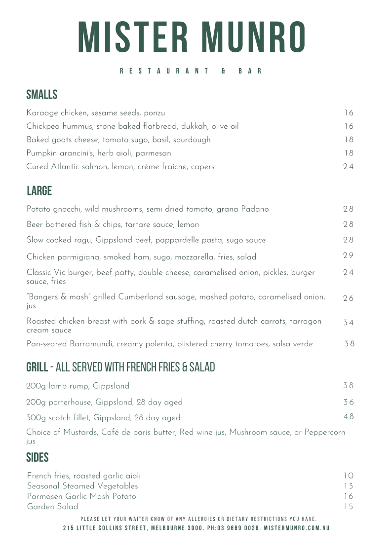 Menu, Mister Munro