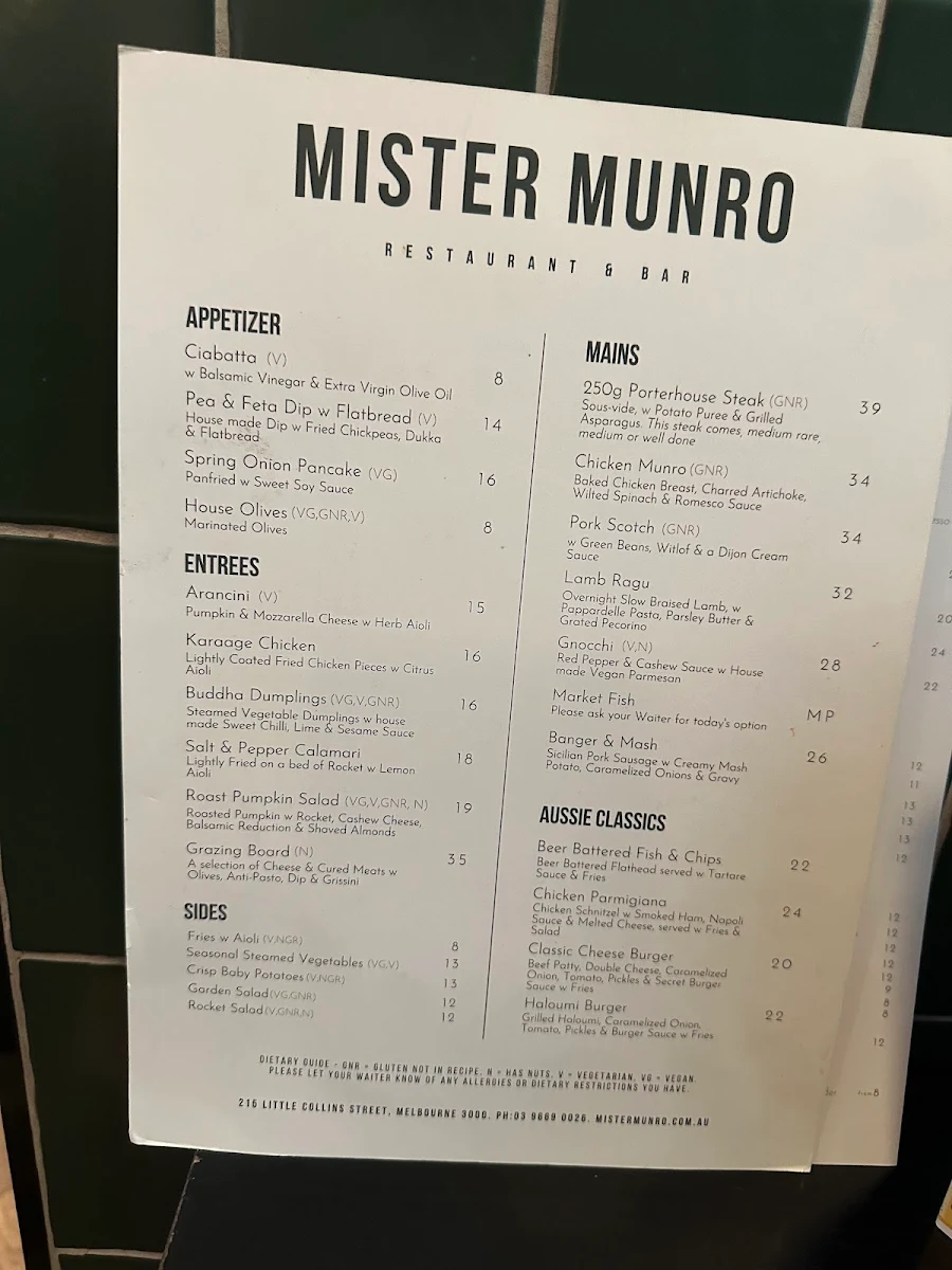 Menu, Mister Munro