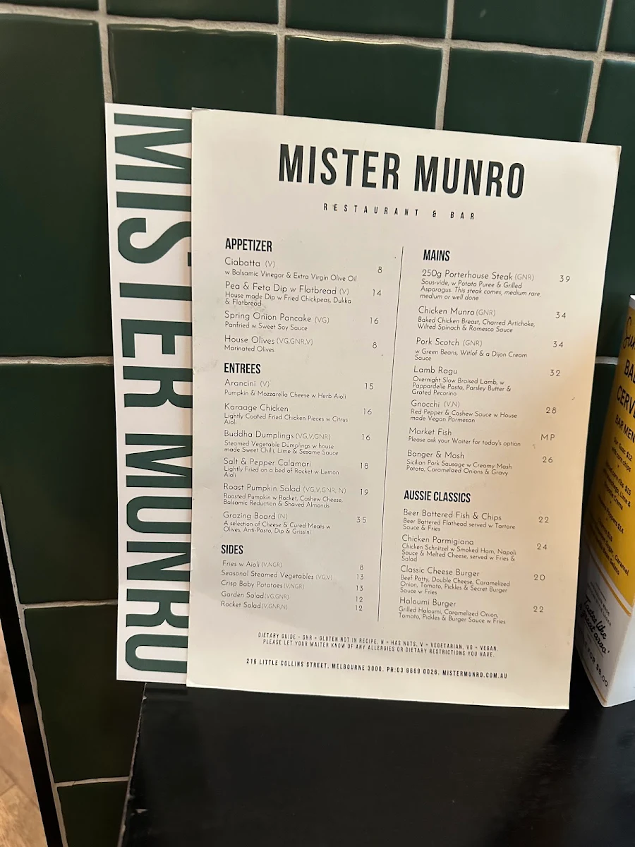 Menu, Mister Munro
