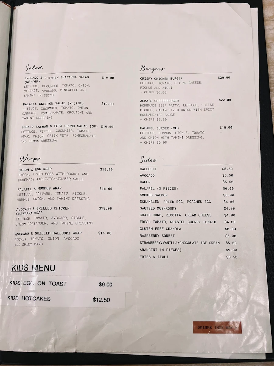 Menu, Cafe Alma Sydney