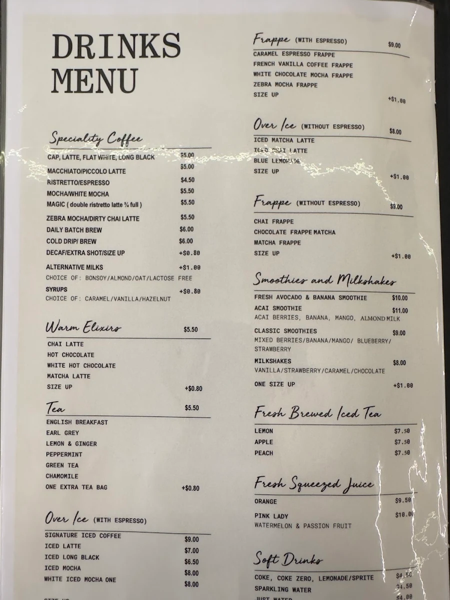 Menu, Cafe Alma Sydney