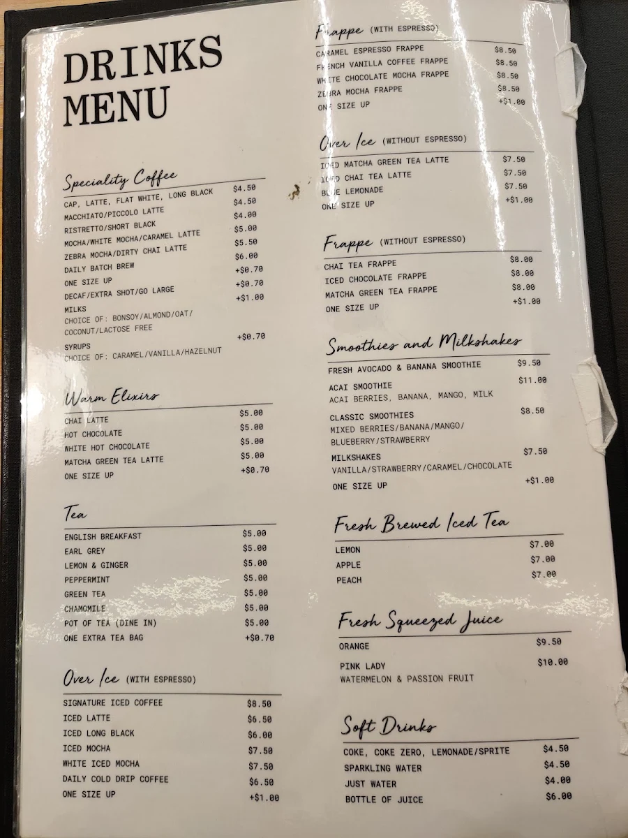 Menu, Cafe Alma Sydney