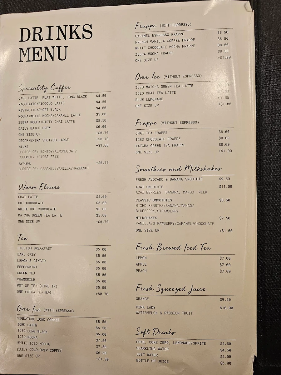 Menu, Cafe Alma Sydney