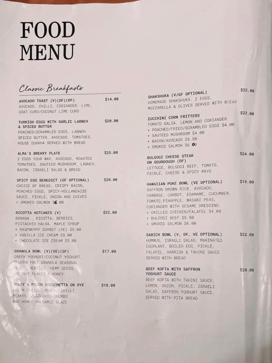 Menu, Cafe Alma Sydney