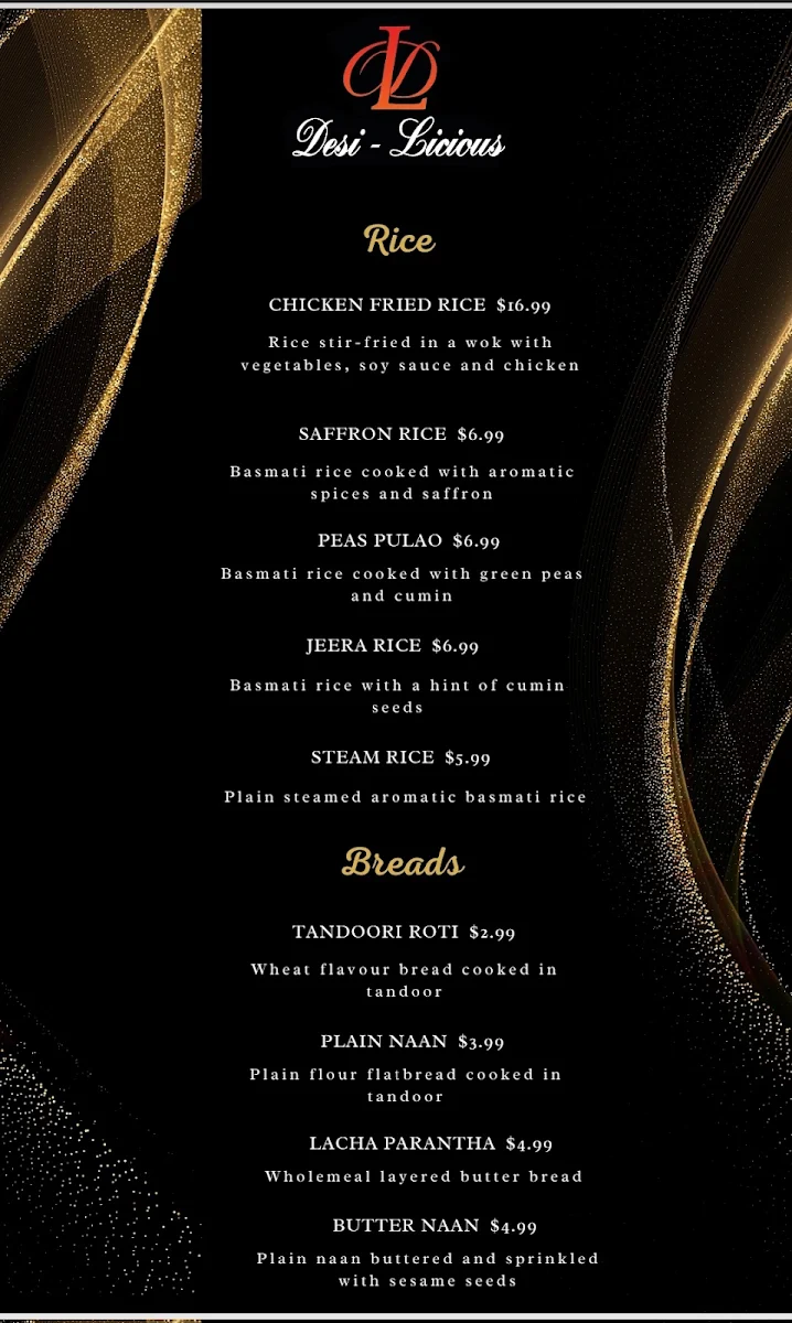 Menu, Desi-licious The Garden Lounge