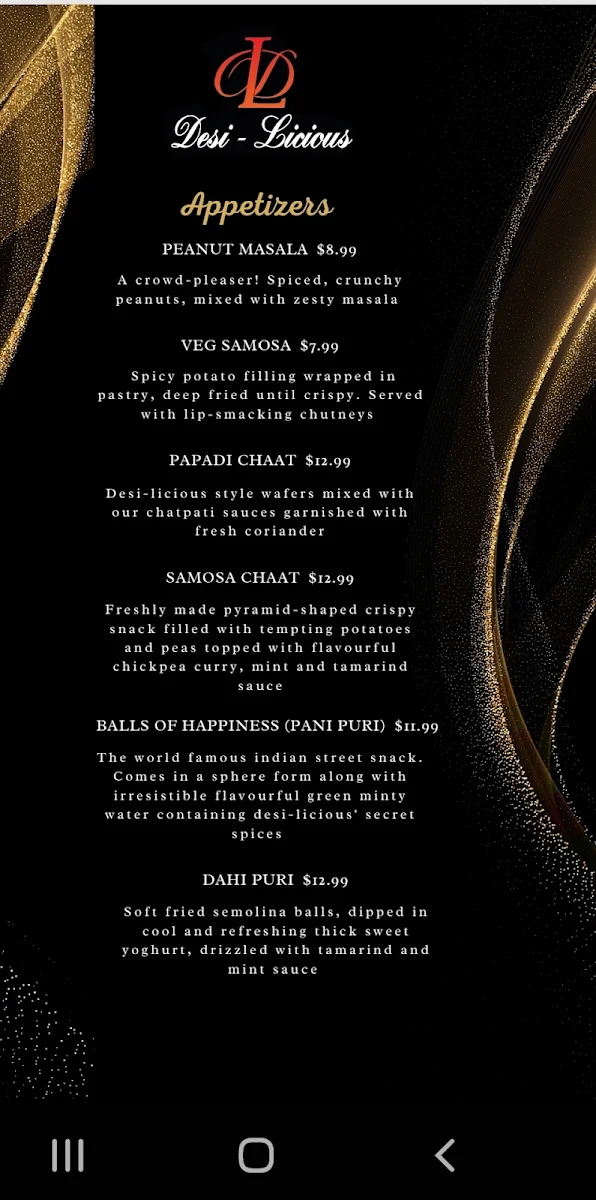 Menu, Desi-licious The Garden Lounge