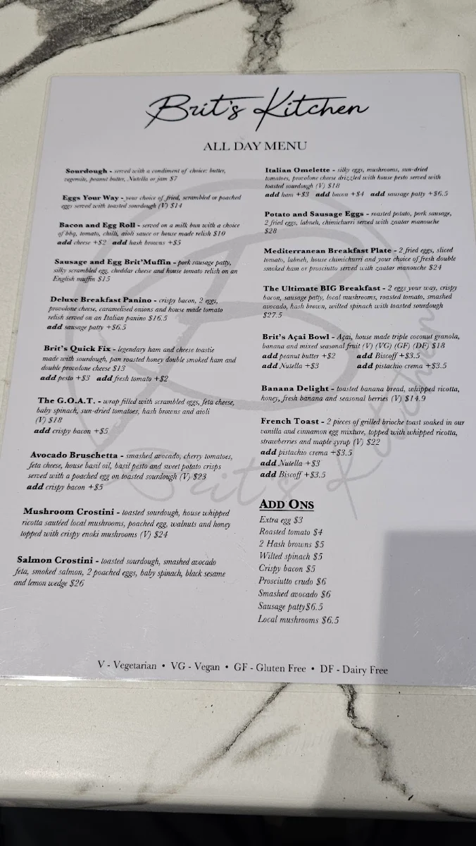 Menu, Flinder’s Cafe
