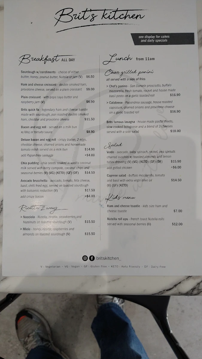 Menu, Flinder’s Cafe