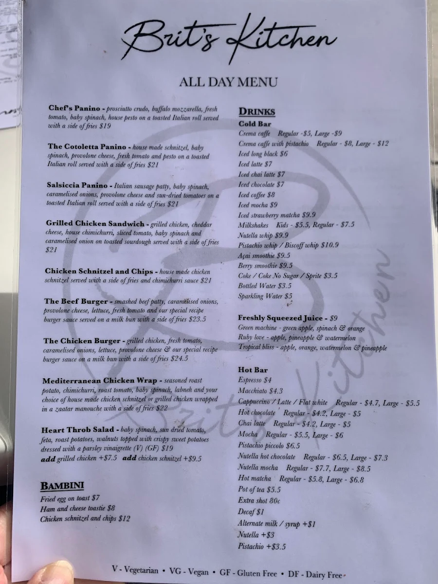 Menu, Flinder’s Cafe