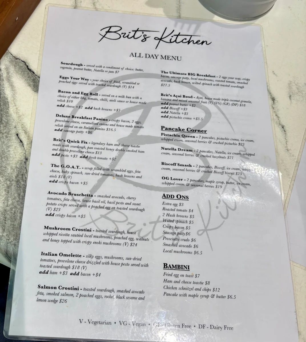 Menu, Flinder’s Cafe