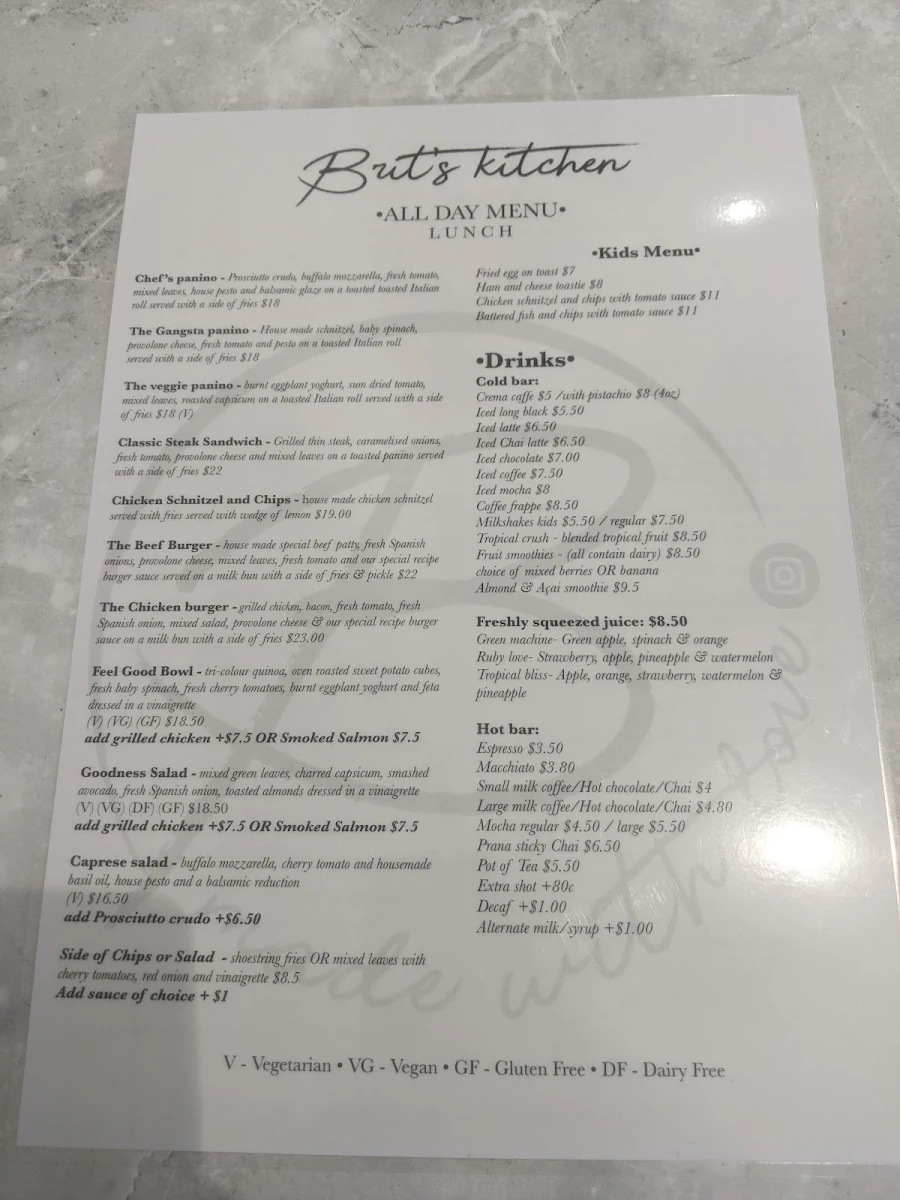 Menu, Flinder’s Cafe