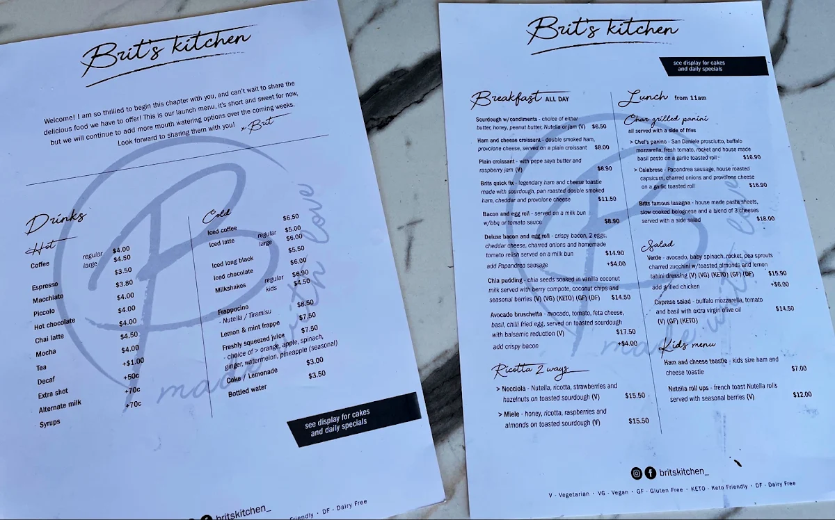 Menu, Flinder’s Cafe