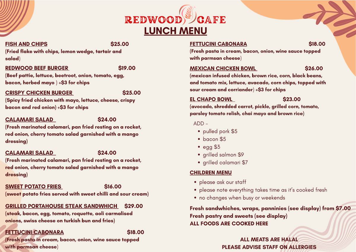 Menu, Redwood Cafe