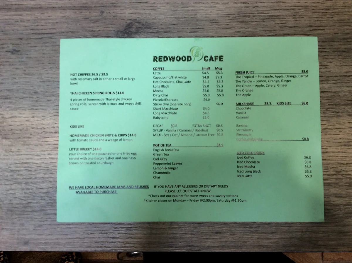 Menu, Redwood Cafe
