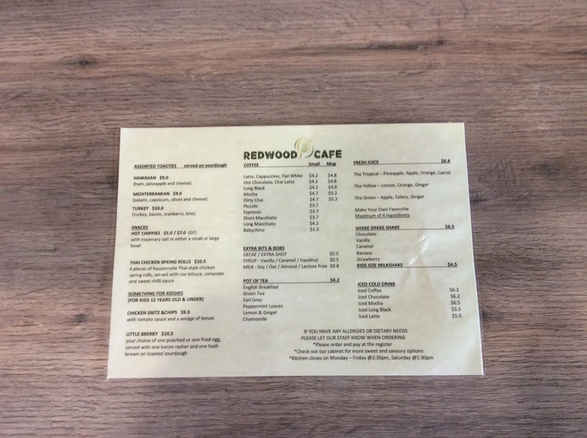 Menu, Redwood Cafe